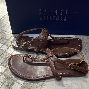 Stuart Weitzman Brown Leather Chain-Detail T-Strap Sandals Sz 7.5 **flaws**